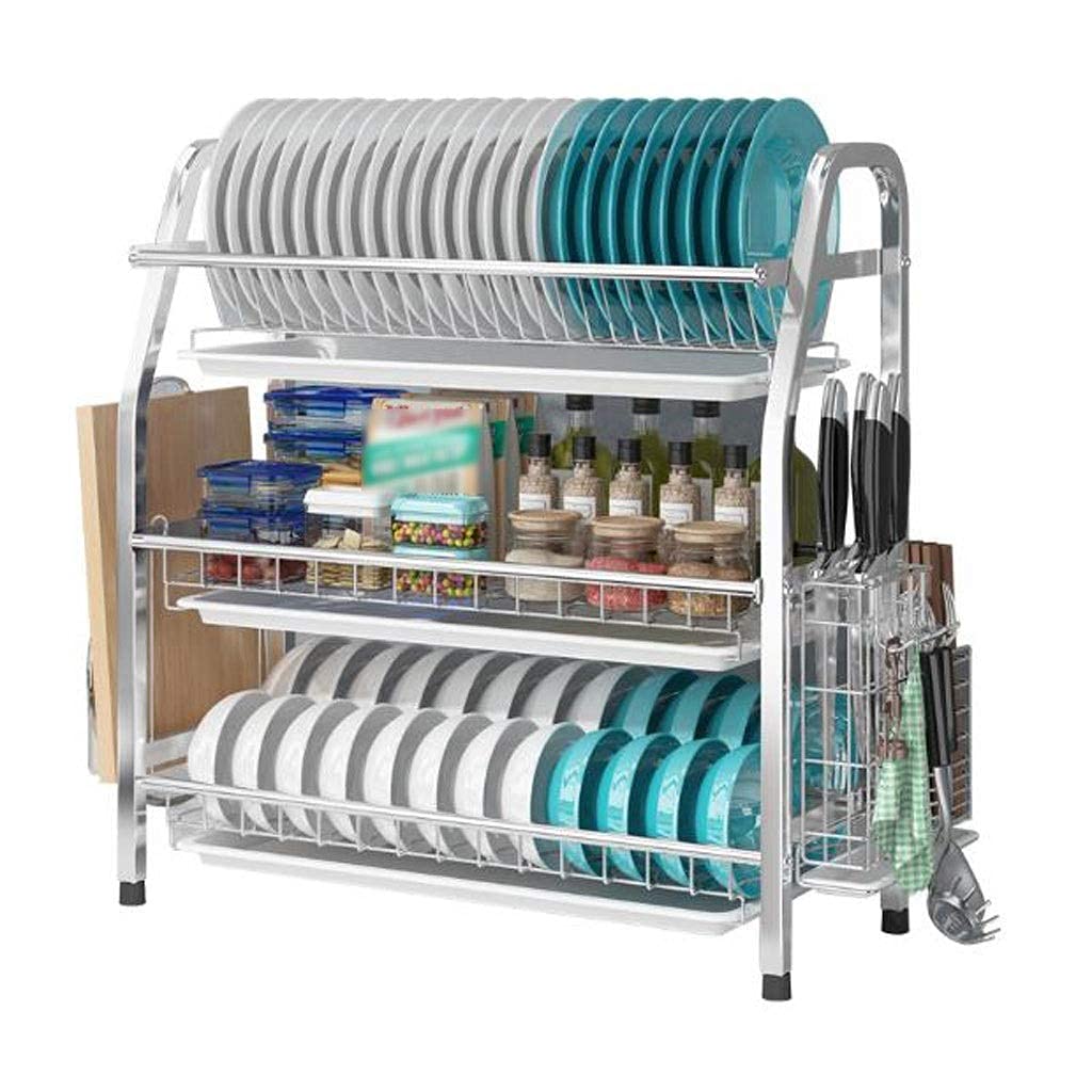 MYUYEE Dish Drainer Rack Dish Drying Rack Dish Drying Rack Compact 3-Tier Dish Drainer Large Spice Rack Stainless Steel For Kitchen Counter Storage Rack With Pot Rack Utensil(Silver)