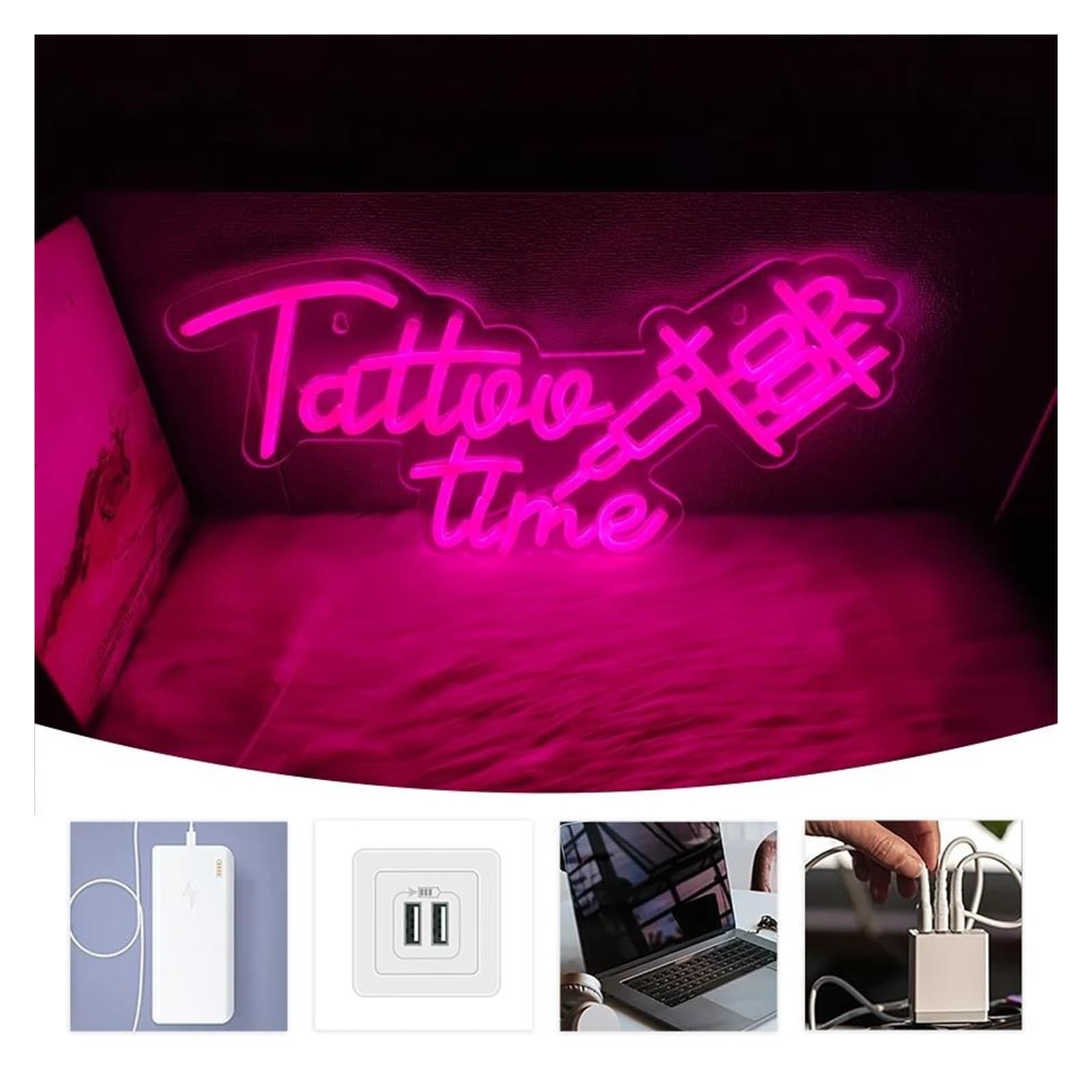 Luces de neón Letrero De Neón Tattoo Time Con Luz LED Regulable Y Alimentación Por USB Para Salón De Tatuajes, Estudio, Negocio, Decoración De Pared, 42cmx21cm