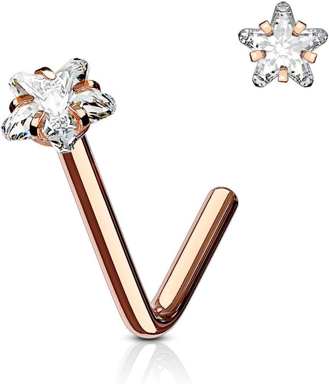 BodyJewelryOnline Nose Ring Stud L Bend Shape Surgical Steel Screw Star CZ Gem 1pc 20G 18G 6MM