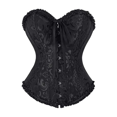 frawirshau Women's Lace Up Boned Overbust Corset Bustier Lingerie Bodyshaper Top - Medium - Black