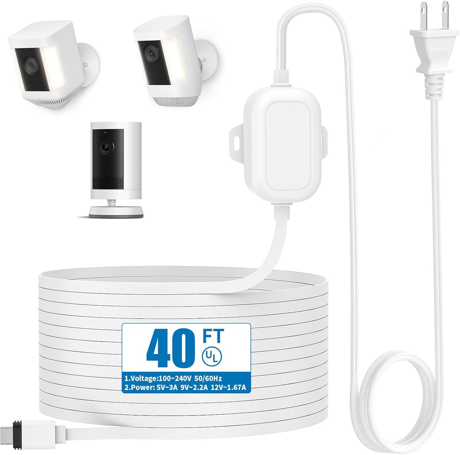 Weatherproof Power Cord for Ring Outdoor Cam Plus/Ring Spotlight Cam Plus/Pro (Battery), 40Ft USB-C Flat Outdoor Charging Cable Continuously Power Your Camera, White