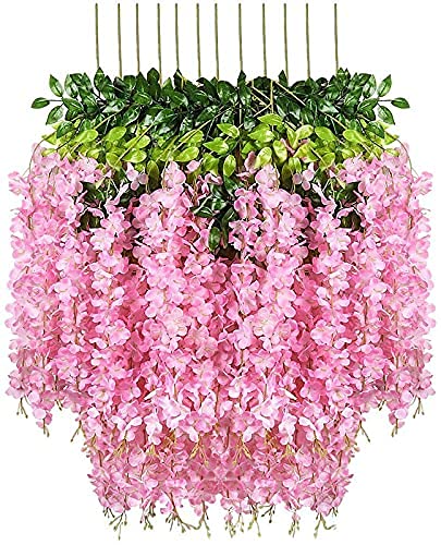 ZHENGTU 12 Pack Decoration Artificial Wisteria Vine Ratta Fake Wisteria Hanging Garland Silk Long Hanging Bush Flowers String Home Party Wedding Décor Christmas and Diwali (Light Pink)