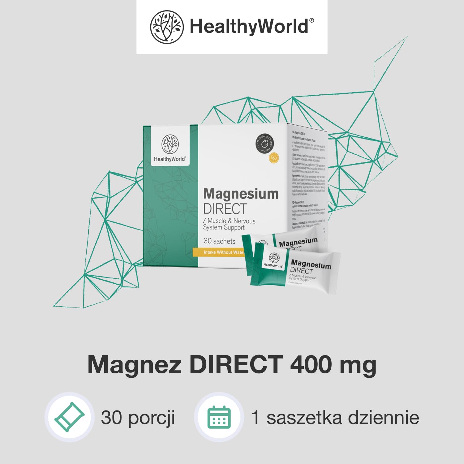 HealthyWorld Magnez DIRECT – 400 mg – Smak pomarańczy – 30 saszetek – Cytrynian + tlenek – Optymalne wchłanianie – Wsparcie dla mięśni i układu nerwowego – Zwiększenie energii