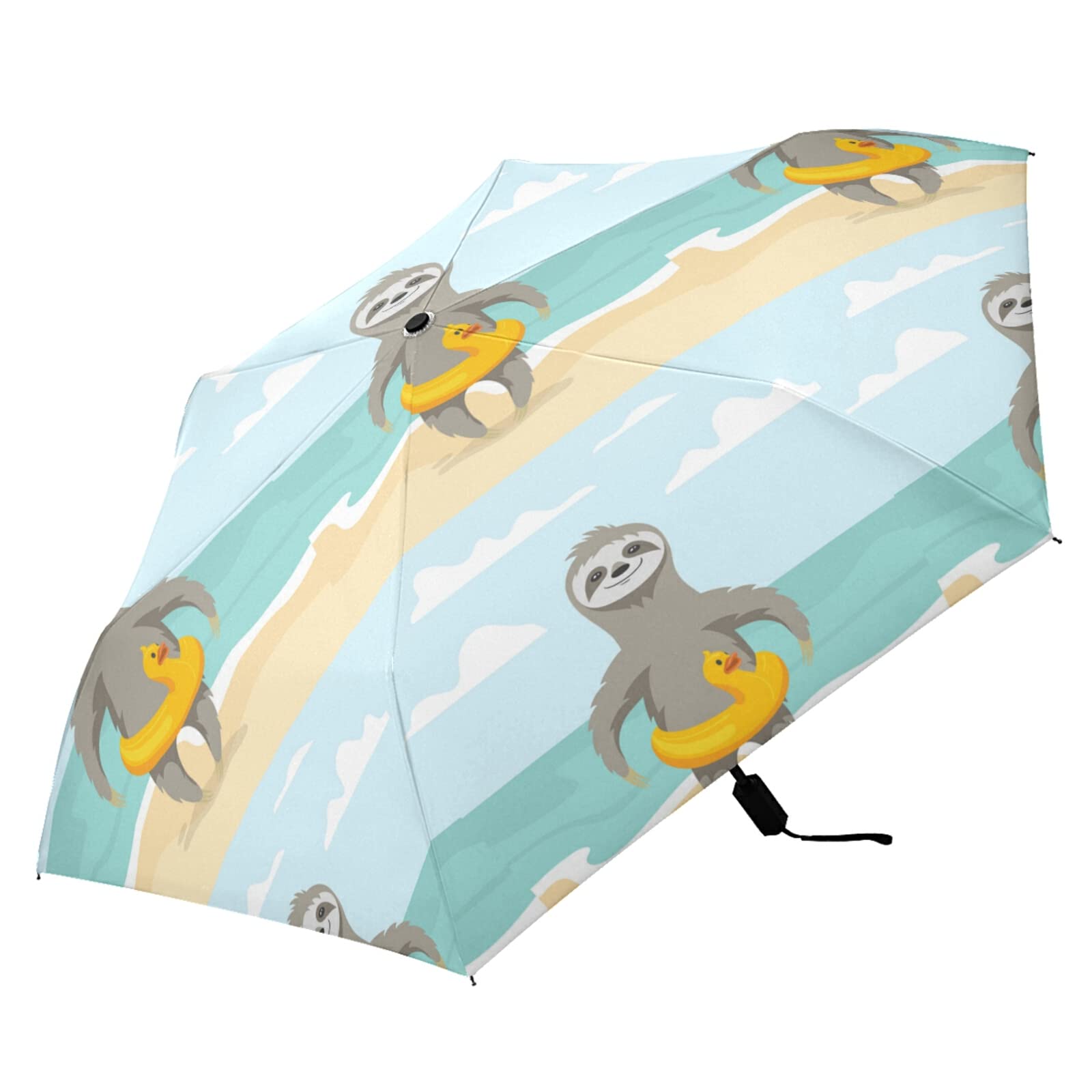 Oyihfvs Happy Cute Sloth on Ocean Beach with Yellow Duck Inflatable Circle Parasol Folding Umbrella, Reinforced Windproof Waterproof, Portable Compact Anti-UV Sun Rain Protection for Travel Outdoor