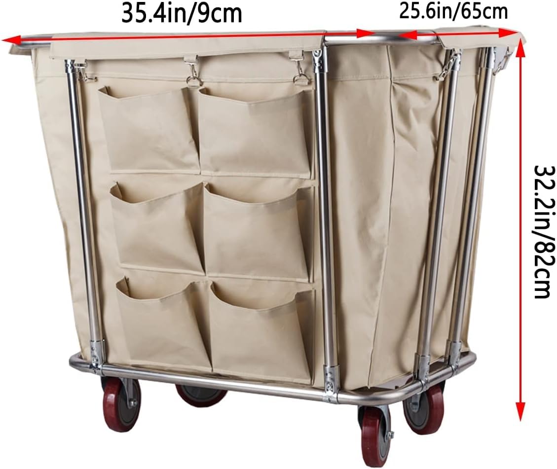 Carro De Lavandería De Acero Inoxidable De Alta Resistencia para Hoteles con Bolsas Extraíbles, Carro De Lavandería Comercial De 400 litros con Ruedas, Carros De Limpieza Beige B
