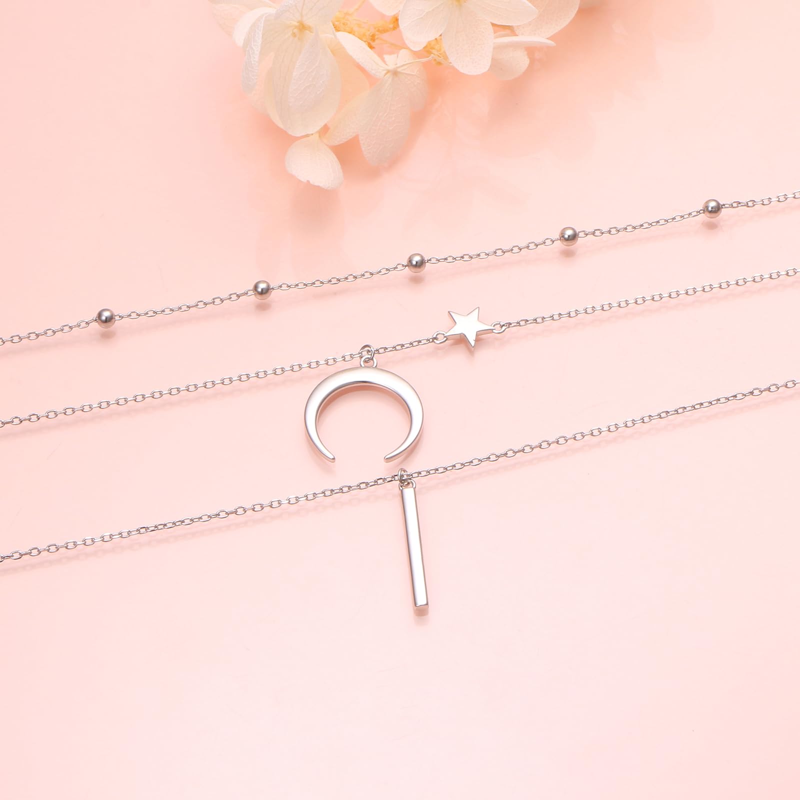 Collane a strati da donna in argento Sterling 925 multistrato collana con ciondolo a forma di stella a mezzaluna bar per donne collana lunga gioielli da donna, Argento sterling