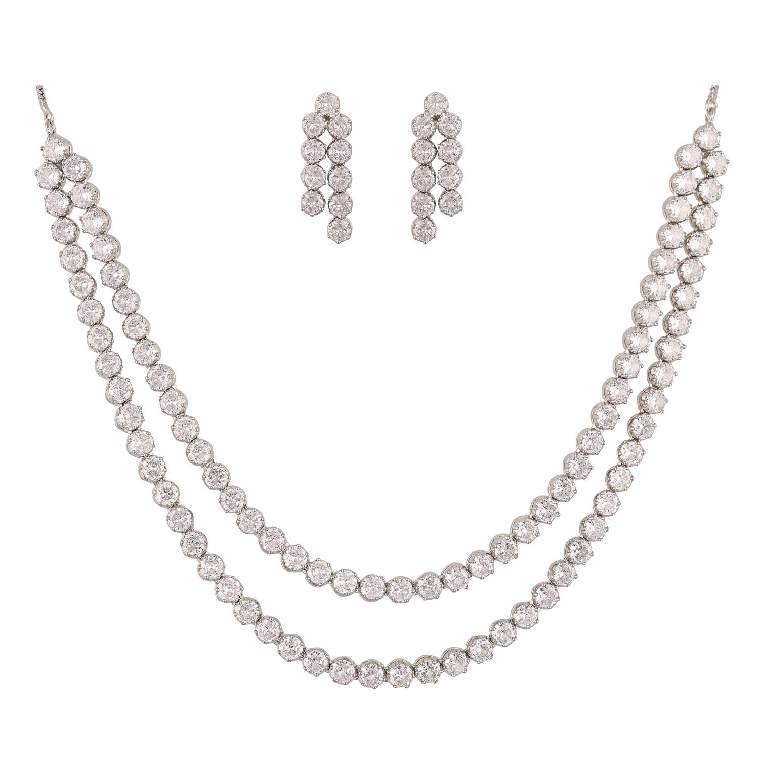 Ratnavali Jewels Juego de collar y pendientes redondos de doble hebra de circonita cúbica blanca en tono plateado para novias y bodas.