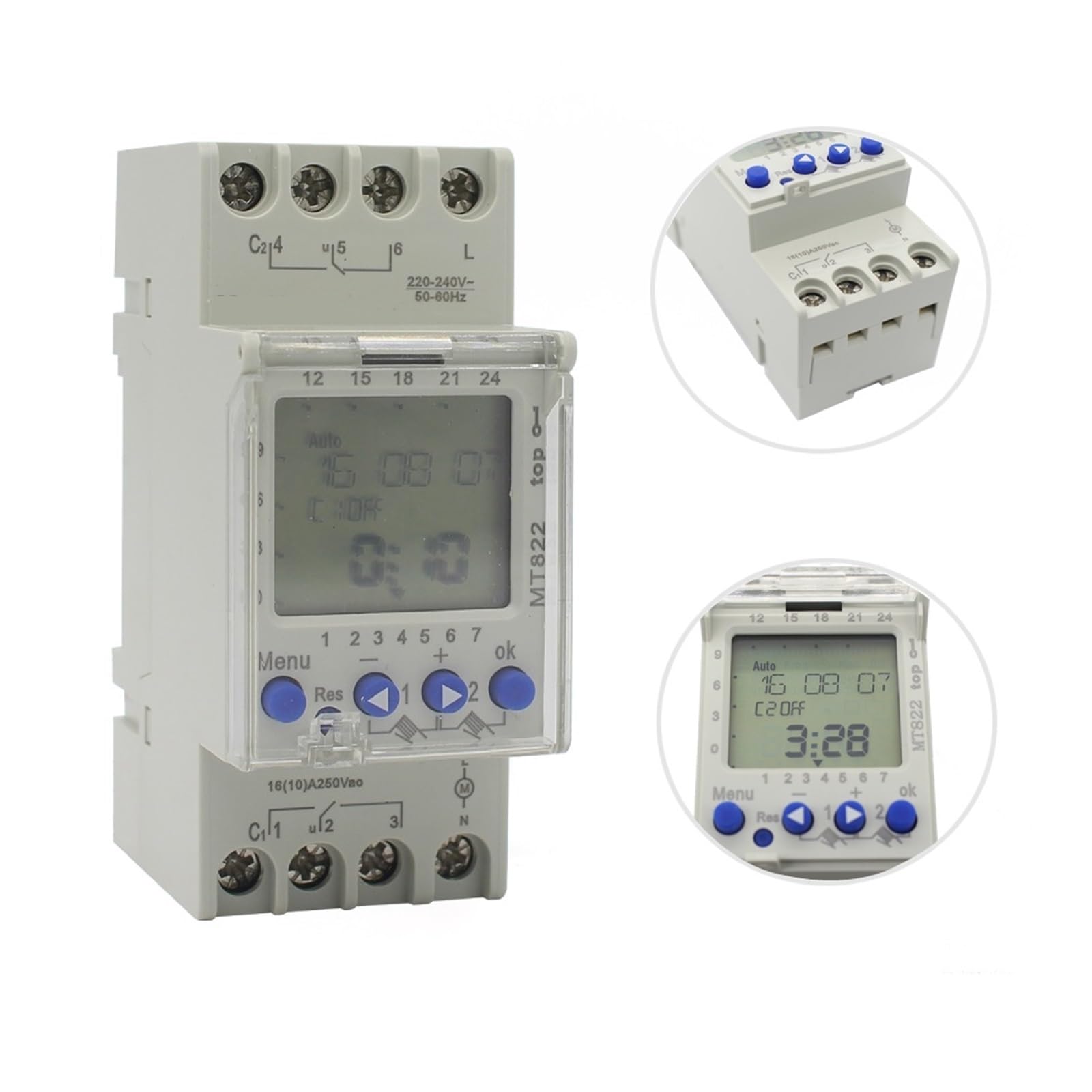 Interruptor Temporizador Digital Multifuncional MT822 de 250 V CA, 2 Canales, con Pantalla L/C/D y Ciclo de 7 días