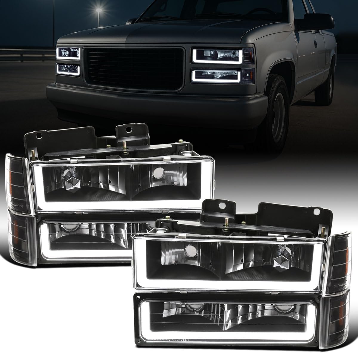 Ronnin - Fits 1994-1999 GMC C10 C/K Suburban Sierra Yukon LED Running Tube Lights Headlights + Corner Bumper Parking Lamps Replacement Set Pair | Black