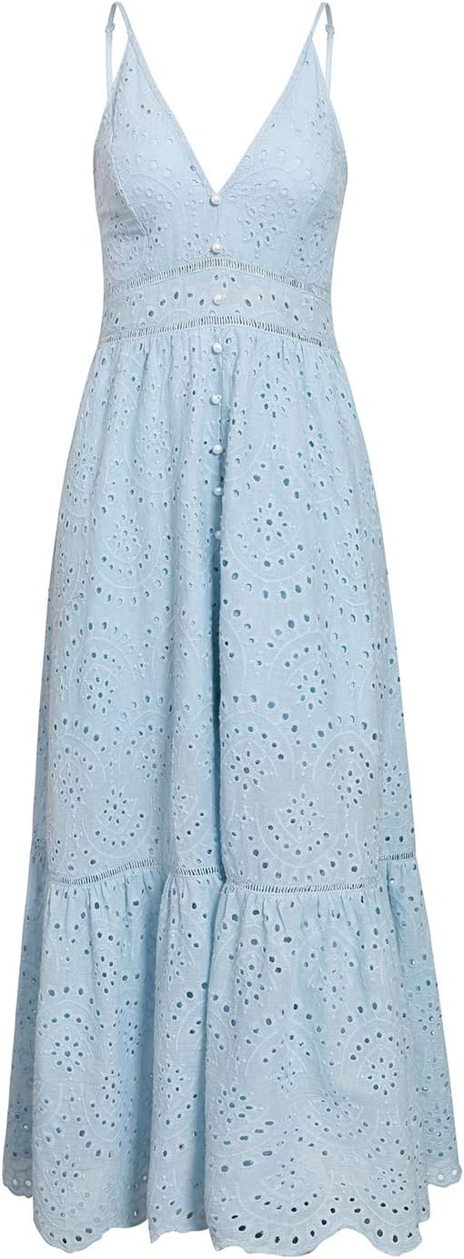 BerryGo Women's Embroidery Pearl Button Down Dress V Neck Spaghetti Strap Maxi Dress - Image 4