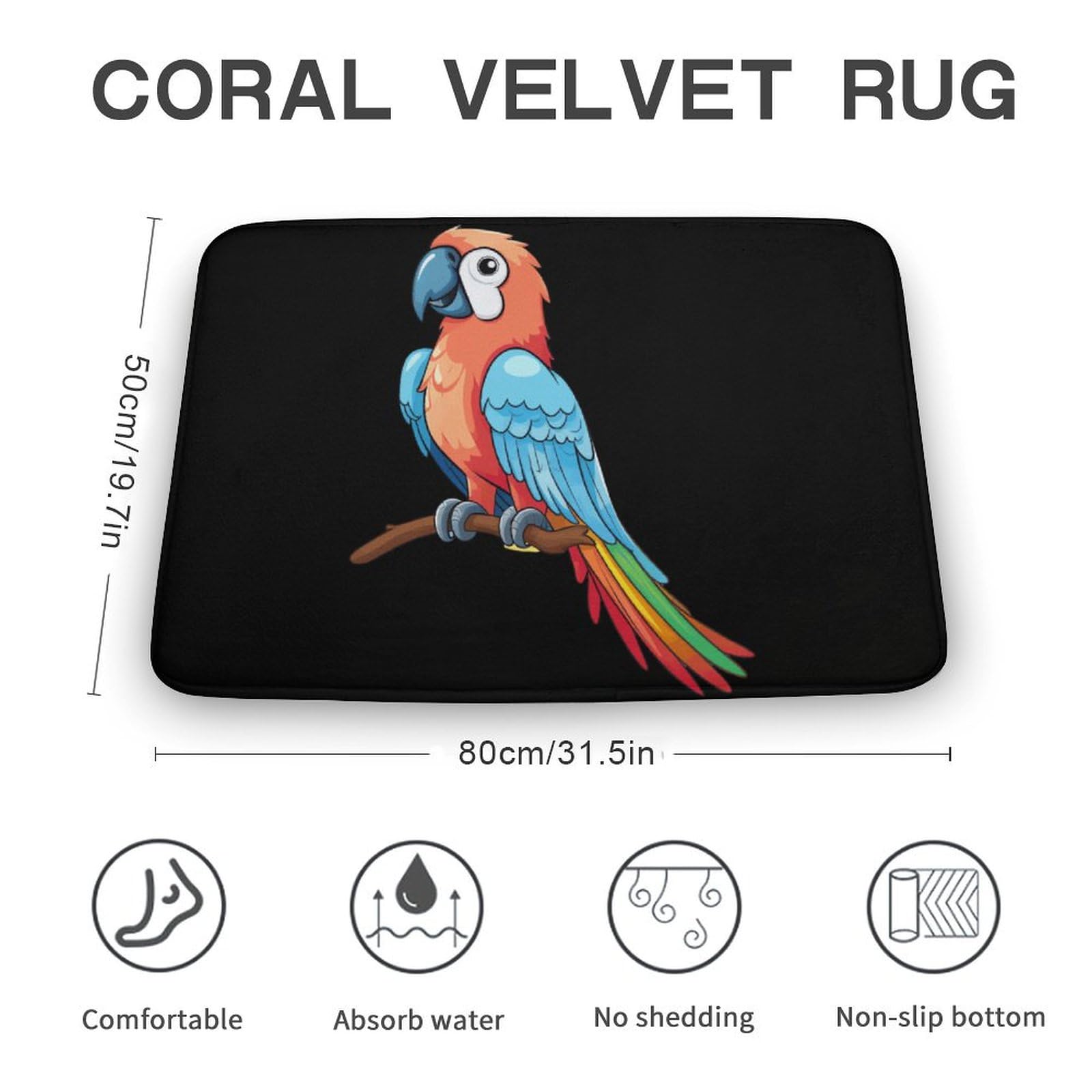 Parrot Bird Coral Velvet Rugs Non-Slip Bathroom Rugs Soft Kitchen Rug Floor Carpet for Home Decor 19.7