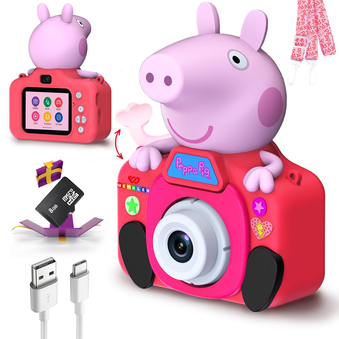 Wembley Kids Digital Camera Compact Peppa Pig Design 4GB SD Card 1200 mAh Battery Selfie Camera Video Recorder Photo Capture with Games for Girls Boys 3+ 4 5 6 7 8 - Pink-image-11