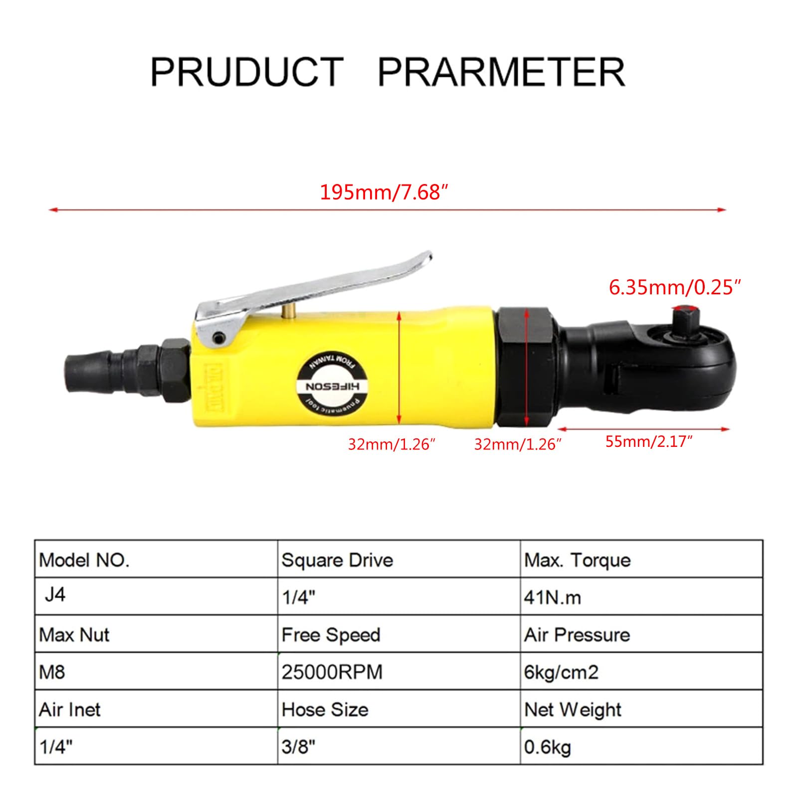 Kit de ajuste de par de trinquete de aire de 1/4 pulgadas para herramientas de reparación de automóviles 41N Par de salida máximo Herramienta de llave de trinquete neumática Herramienta neumática
