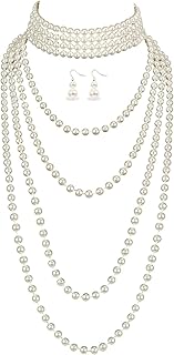 1920s MultiLayer Simulated Faux Pearl Strands Necklace Costume Jewelry Set For Women Girls Necklace Earrings Set