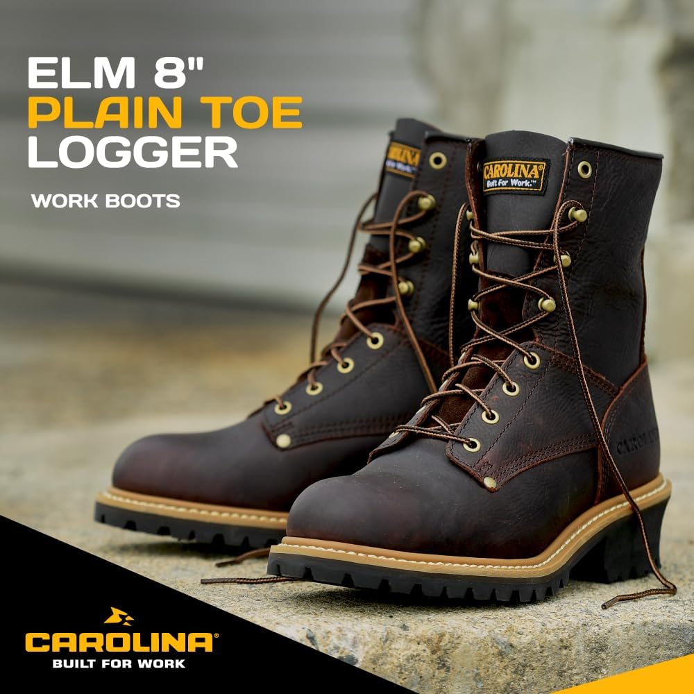 Carolina Elm 8" Unlined Logger Boots - Cushion Footbed Mens Work Boots - EH Rated - Wildland Logger Shoe - Triple-Rib Steel Shank - Memory Foam Pillow Cushion - Rubber Lug Outsole - Image 3