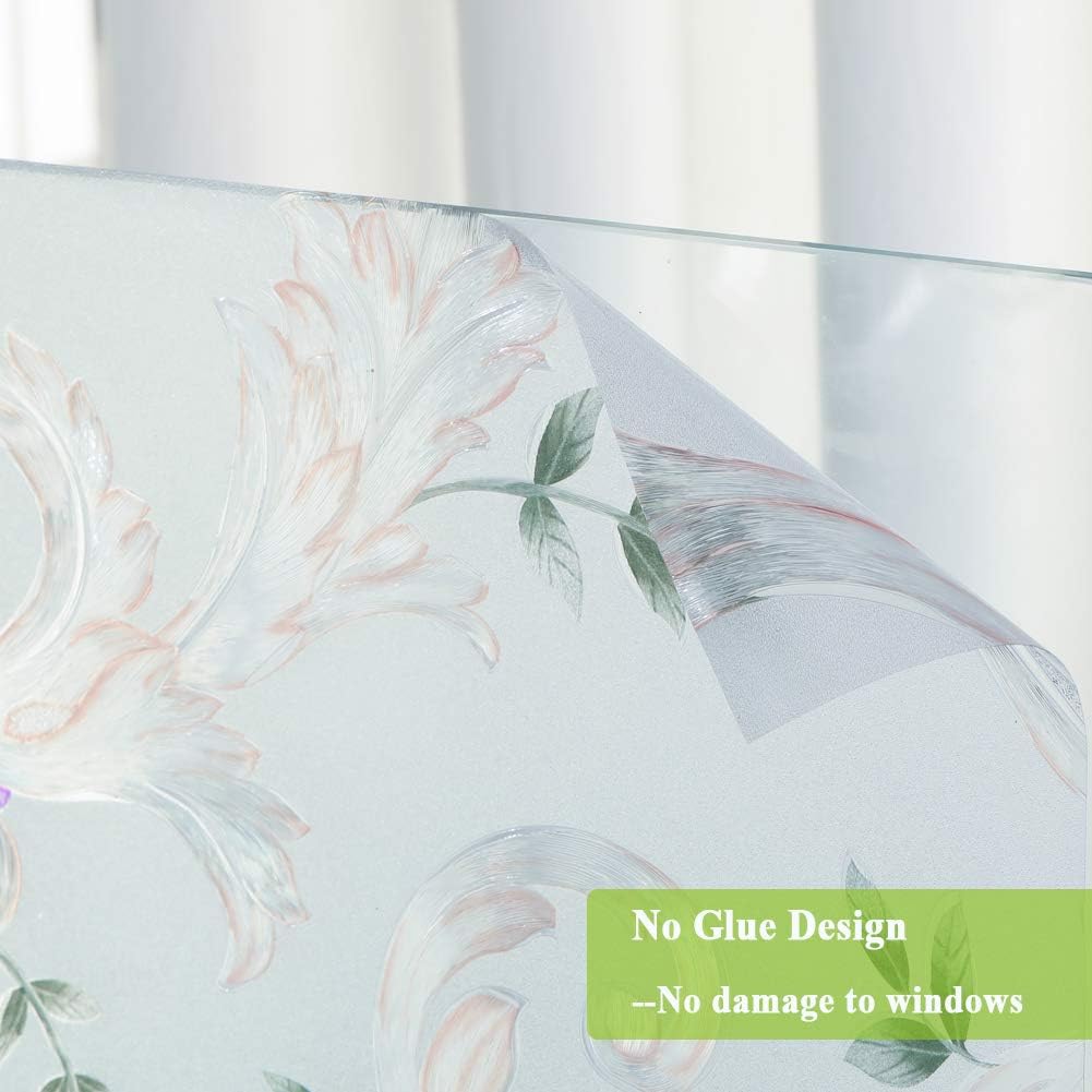 Decorative Window Film Etched Floral,Privacy Door Film,Static Cling Glass Film,No Glue Stained Glass Anti UV Window Paper for Bathroom,Office,Meeting Room,Bedroom,35 inches by 157 inches