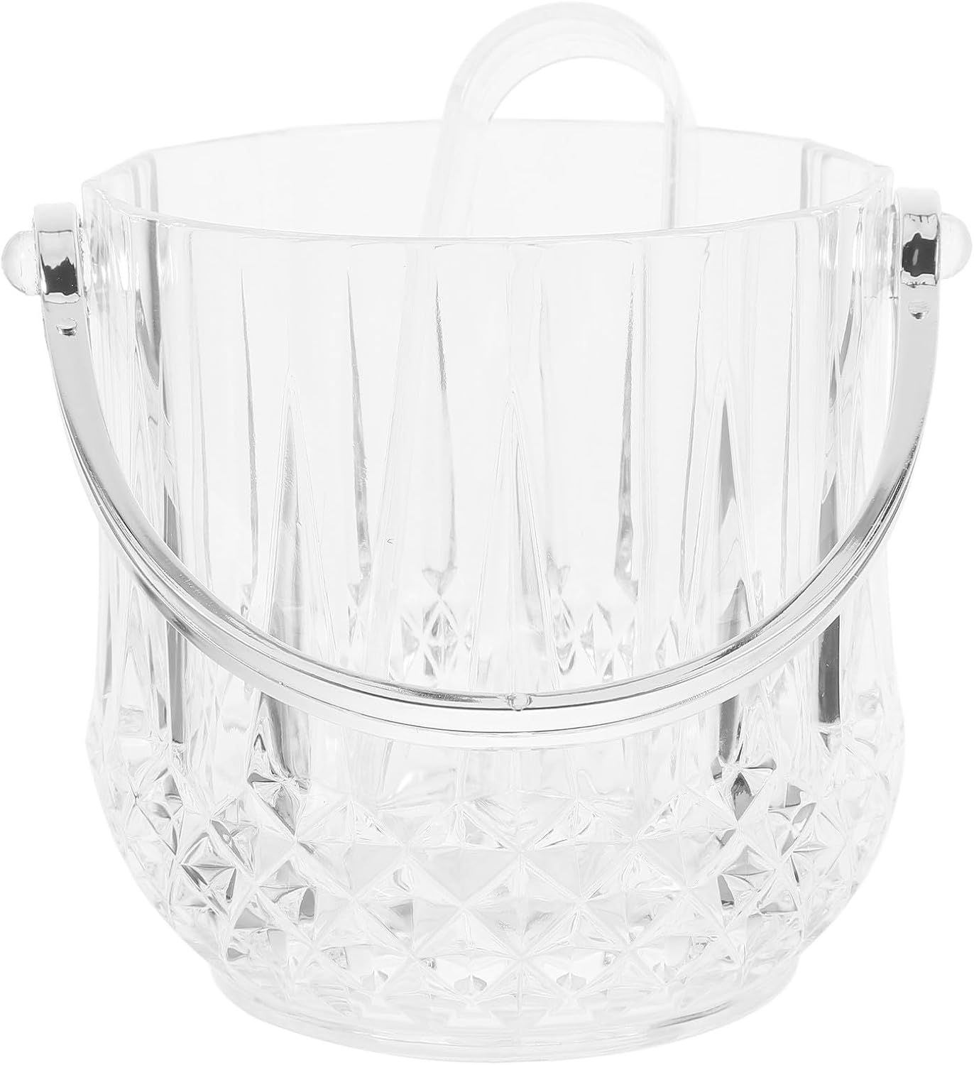 Acrylic Ice Bucket with Tongs 1150ml Diamond Pattern Drink Cooler Ice Container for Bars and Parties with Silver Handle