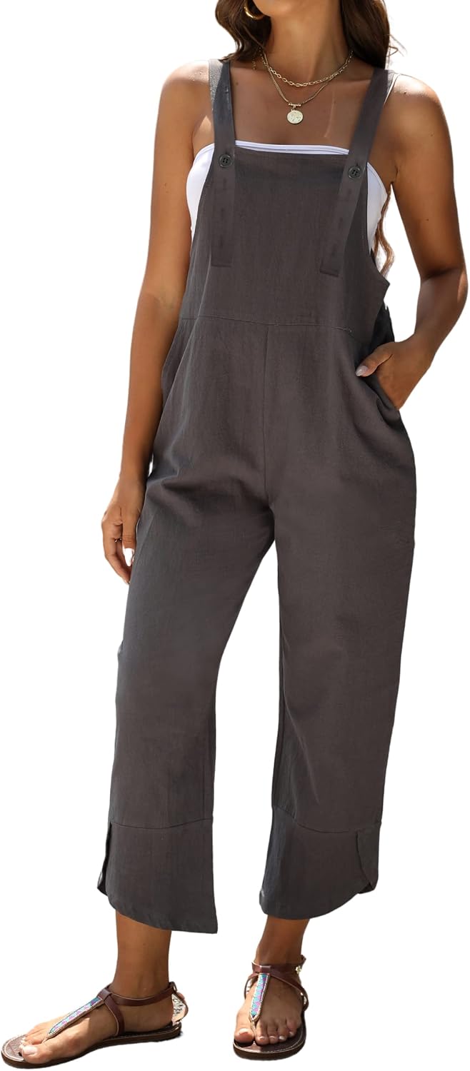 Mundoven Baggy Loose Linen Overalls for Women Dual Pockets Adjustable Straps Casual Bib Jumpsuit Suspender