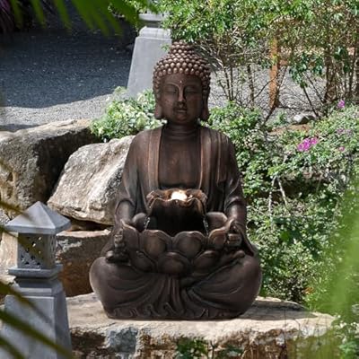 Glitzhome Outdoor Fountain 28" H, Large Zen Style Buddha Waterfall Fountain Indoor Water Fountain with Pump & LED Lights, Freestanding Water Feature Fountains Outside Garden Backyard Fountain Decor