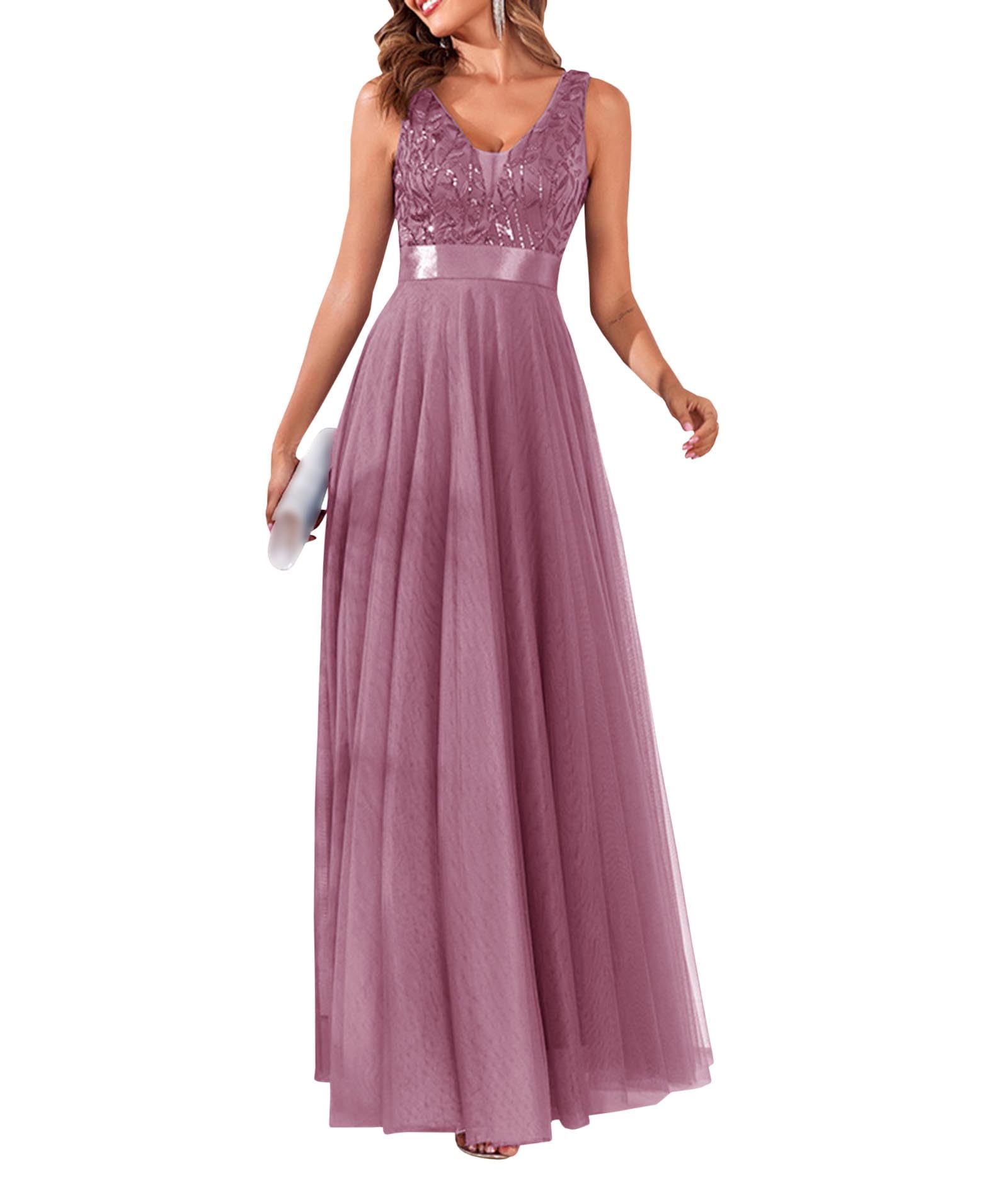 ECDAHICC Vestido de cóctel para mujer, vestido de noche, elegante, para boda, de tul, bordado, largo, sin mangas, cuello en V, vestido de fiesta