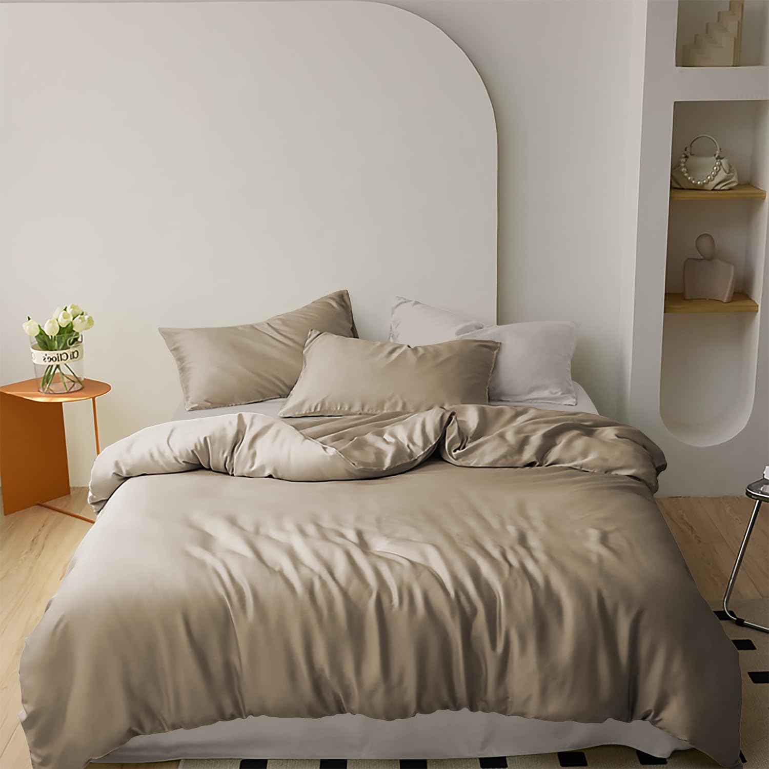 IlGruppone Parure Copripiumino Matrimoniale in Raso di Cotone Lucido Tinta Unita Sacco E Federe Lussuoso Elegante Due Piazze Set Letto - Tortora - Matrimoniale