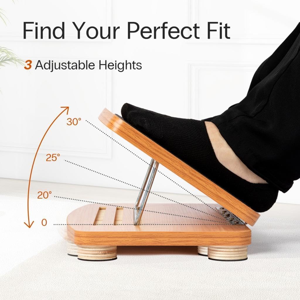 StrongTek Sgabello Poggiapiedi Ergonomico in Legno Regolabile | Poggiapiedi durevole e regolabile in altezza per sotto la scrivania, dotato di superficie antiscivolo per uso quotidiano