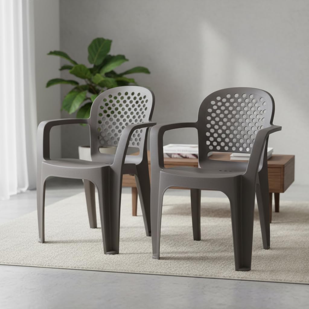 HomiQ Cello Crystal Armrest Plastic Chair with Matt Finish | Chairs for Living Room, Garden, Home, Indoor and Outdoor Use (Colour: Grey, Set of 2)-image-46