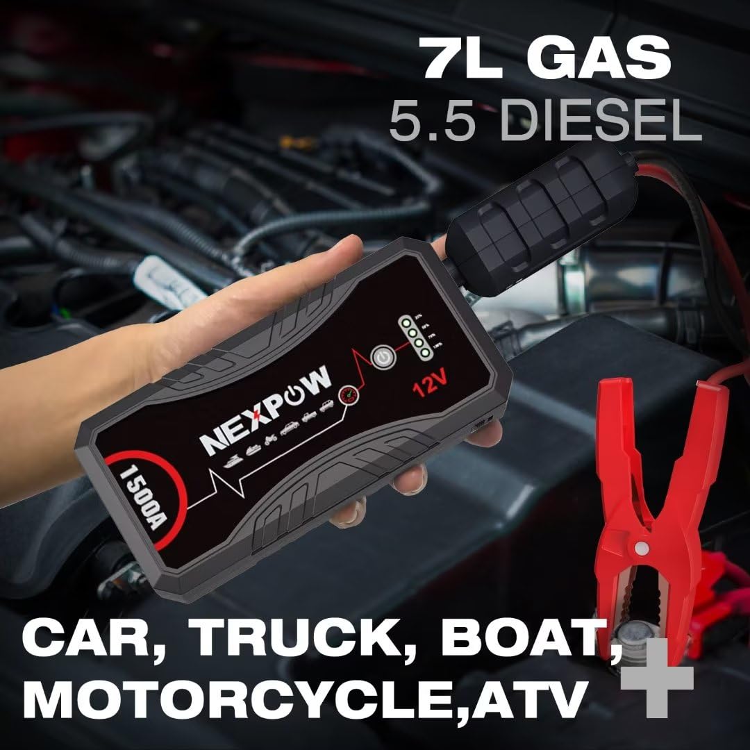 NEXPOW Avviatore Batteria Auto, 1500A Portatile Booster Avviamento (Fino 7.0L Gas O 5.5L Diesel),12V Avviatore Di Emergenza per Moto, Starter Batteria Auto Con Torcia a LED&USB, Cavo Di Avviamento