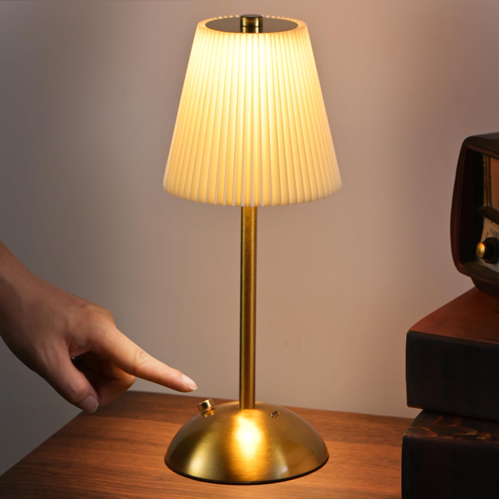 Lámpara de mesa inalámbrica LED, nocturna táctil, batería regulable, pantalla de lino blanco, batería recargable, conector USB-C