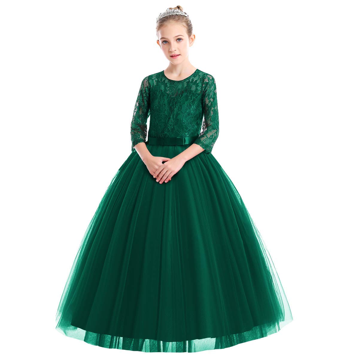 IWEMEK Flower Girls 3/4 Sleeve Floral Lace Tulle First Communion Pageant Dresses Kids Big Girls Princess Birthday Carnival Christmas Bridesmaid Wedding Party Prom Ball Gown 2-14 Years — view 37