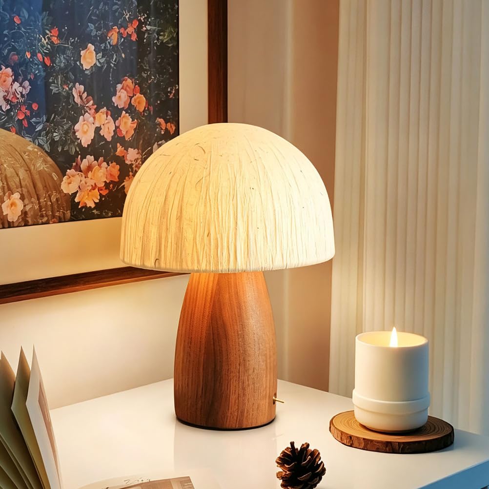 Lampada da Tavolo Fungo Paralume Carta Base Legno Comodino