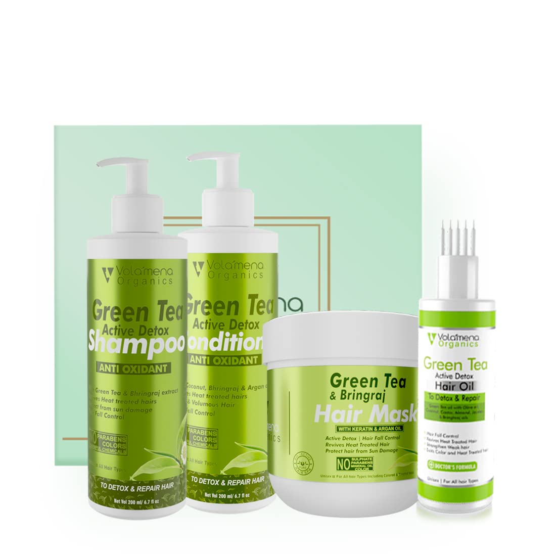 Volamena Green Tea Complete Hair Detox & Repair Kit I Green Tea Oil I Green Hair mask I Onion Shampoo I Hair Conditioner Pack of 4