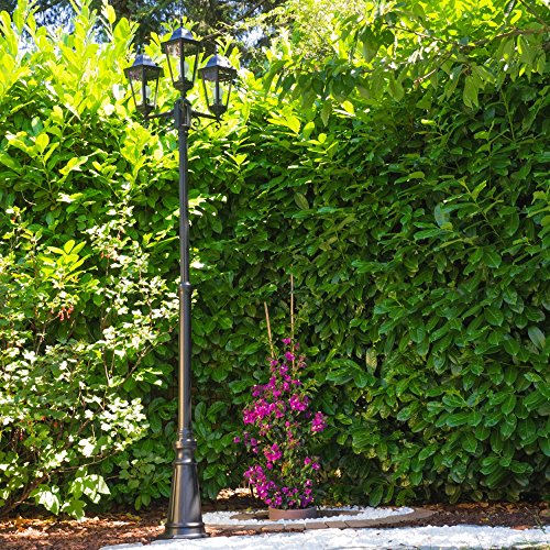 Außenleuchte Hongkong, Kandelaber in antikem Look, Aluguß in Schwarz matt mit Klarglas-Scheiben, 3-armige Wegeleuchte, höhenverstellbar, Retro/Vintage Gartenlampe, E27-Fassung, IP44, ohne Leuchtmittel