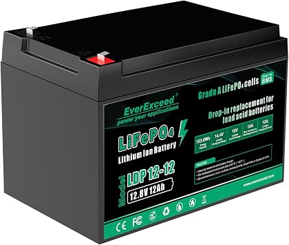 EverExceed 12V 12Ah LiFePO4 Lithium Battery Built-in 15A BMS, 12V Lithium Battery for Power Wheels, Fish Finder, Small UPS, RV, Lawn Mower, Burglar Alarm System, Solar Panel, Emergency Lighting