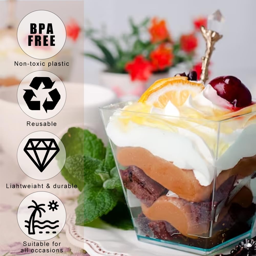 50 Verres à Dessert En Plastique - 60ml Avec Cuillères - Transparents Et Réutilisables - Pour Pudding, Glace, Mousse