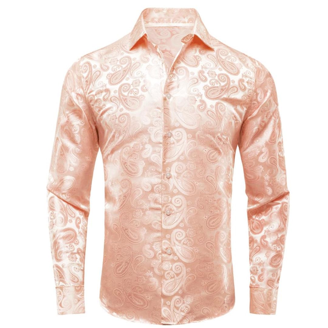 Satin Mens Shirts Lapel Collar Solid Long Sleeve Silk Dress Shirt Soft Blouse Wedding Business