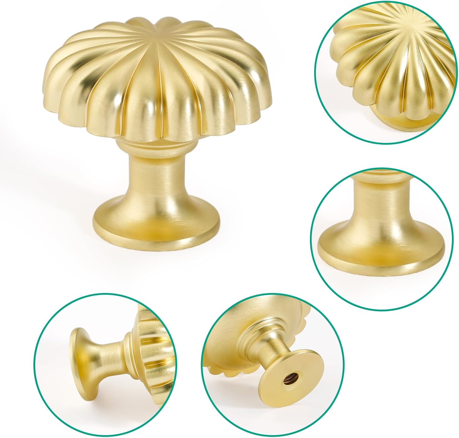 10 Pack Brushed Brass Cabinet Knobs, Decorative Round Drawer Knobs, Solid Zinc Alloy Cabinet Hardware for Kitchen Cabinets, Bathroom Vanity, Dresser and Furniture Drawers