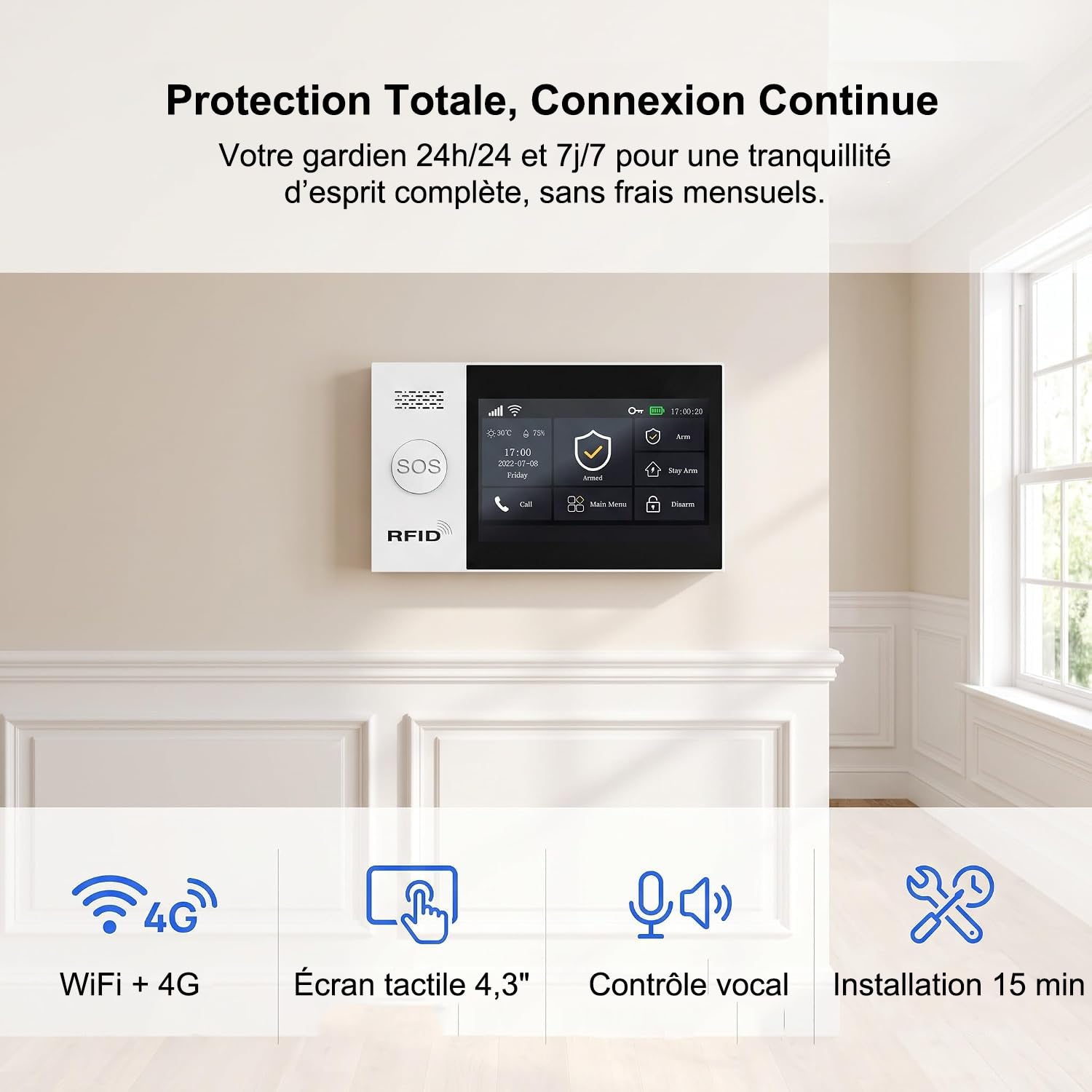XUK Kit Alarme Maison sans Fil 4G GSM WiFi, sans Abonnement Mensuel | Alarme Maison Connectée avec App, Centrale d’Alarme Anti Intrusion avec Batterie de Secours 1000mAh, Notifications Appel SMS