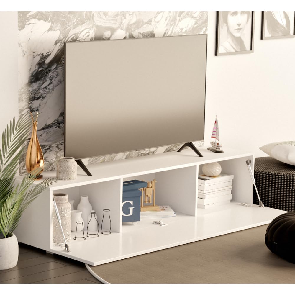 Fernsehtisch Fernsehschrank TV Verdeckter Griff mit Soft-Close Lowboard Hängeschrank- Hängend Oder Stehend für Wohnzimmer -Matt Weiß 30x135x30 HxBxT