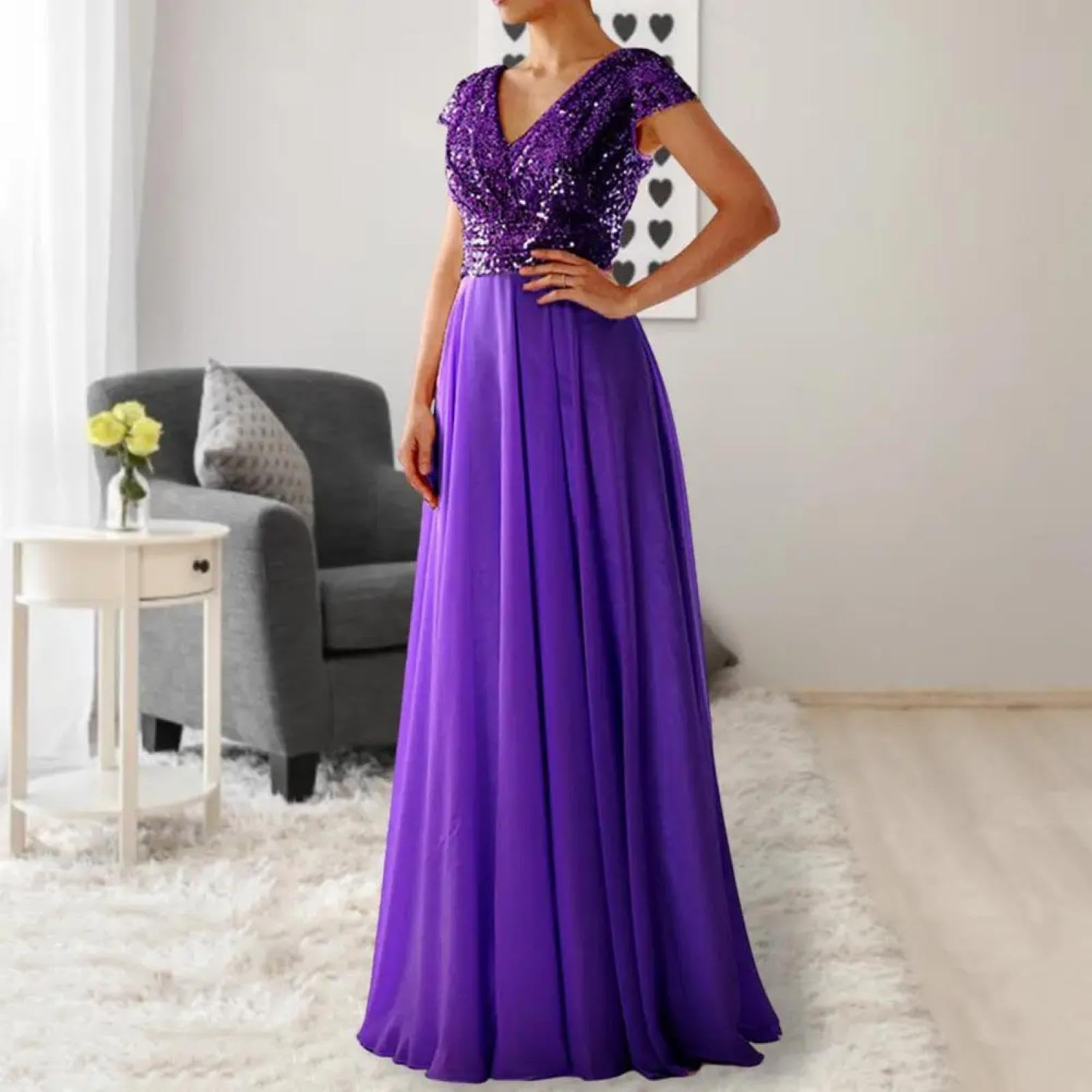 Hübsche Kleider Dress Damen Elegant Pailletten Chiffon Abendkleid V-Ausschnitt Kurzarm Hohe Taille Taille Eng Anliegendes Maxikleid Saum Weibliches Clothin