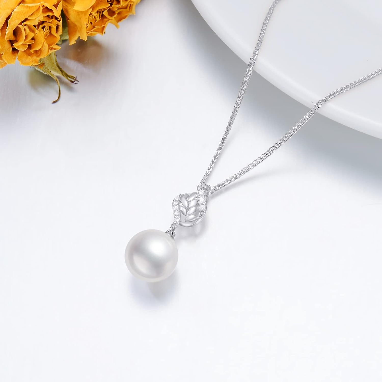 SISGEM 14k Gold Natural Diamond Leaves Freshwater Cultured Pearl Necklaces for Women with 14kt Gold Wheat Chain, 16-18 Inches