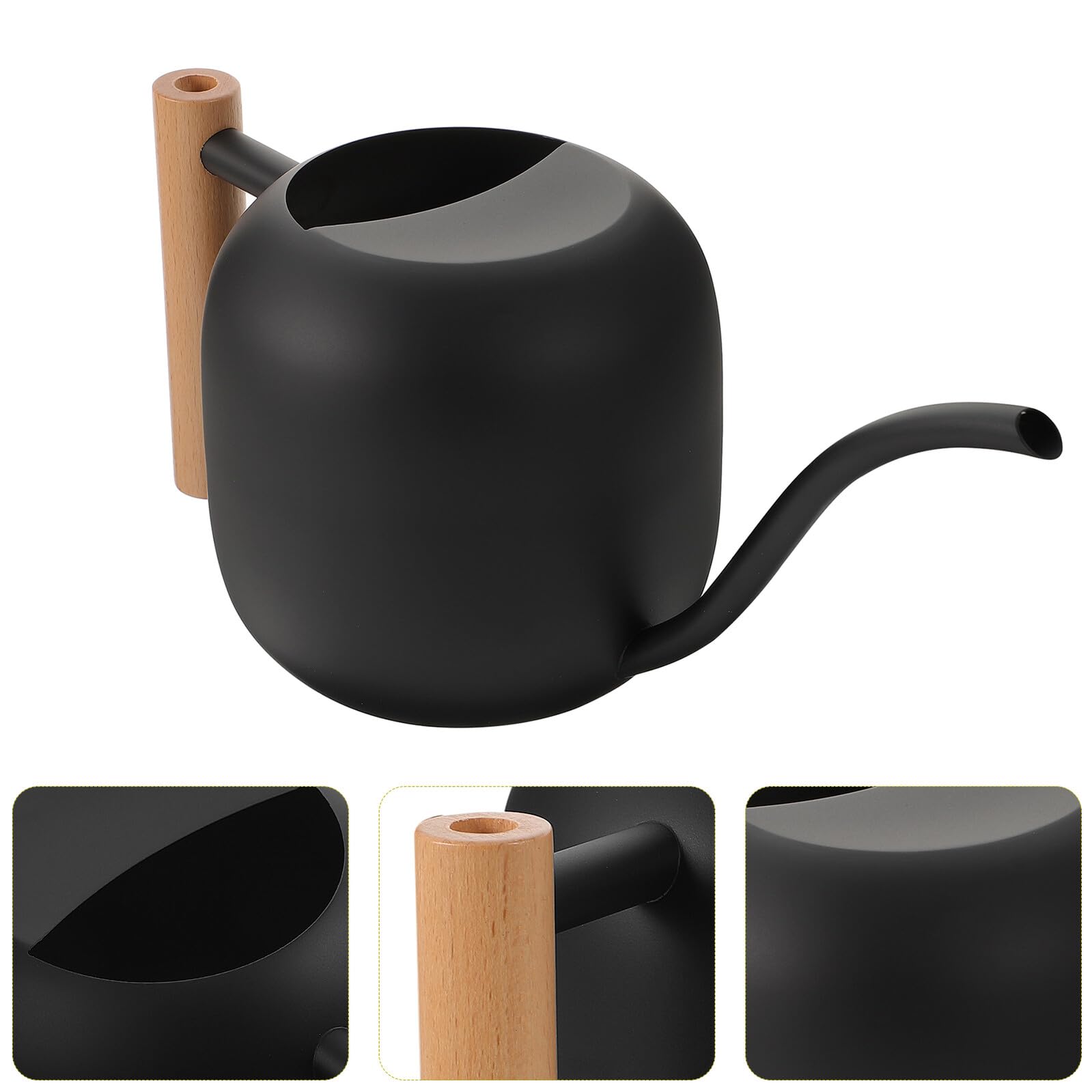 Gießkanne mit Langem Ausguss 1200ml Edelstahl Holzgriff Schwarz | Vintage, für Zimmerpflanzen, Leicht Nachzufüllen und Stabil Verarbeitet