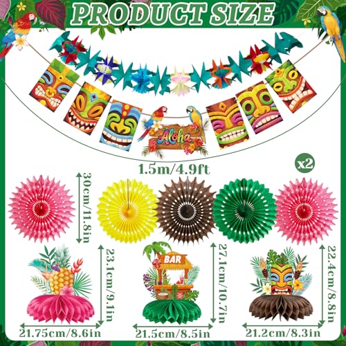 Image of Paper Jazz Hawaiian Party Decoration&Tropical Garland Aloha table decor | 11Pcs Hawaii Table Decor,Tropical Paper Fan & Banner For Tiki /Luau /Beach /Pool /Jungle /Island Summer Parties, Indoor /Outdoor.