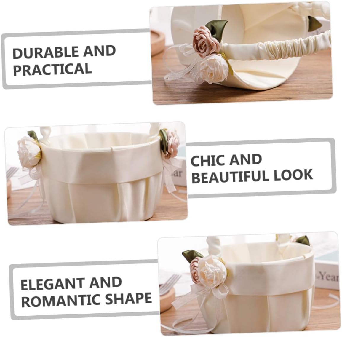 STAHAD Ivory White Flower Girl Basket with Lace and Satin Flowers, Handheld Wedding Bride Basket for Ceremony and Party Supplies, 1pcs