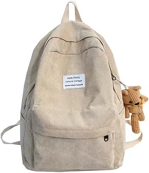 Large Kawaii Corduroy Backpack with Cute Bear Pendant Vintage Bag for Girl Student School Bag Bookbag Satchel Laptop teen (Beige,Large)