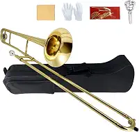 Trombone Bb Tenor Slide B Flat Gold Brass Plated Trombone para iniciantes e adultos com estojo de transporte de bocal, luvas brancas, pano de limpeza