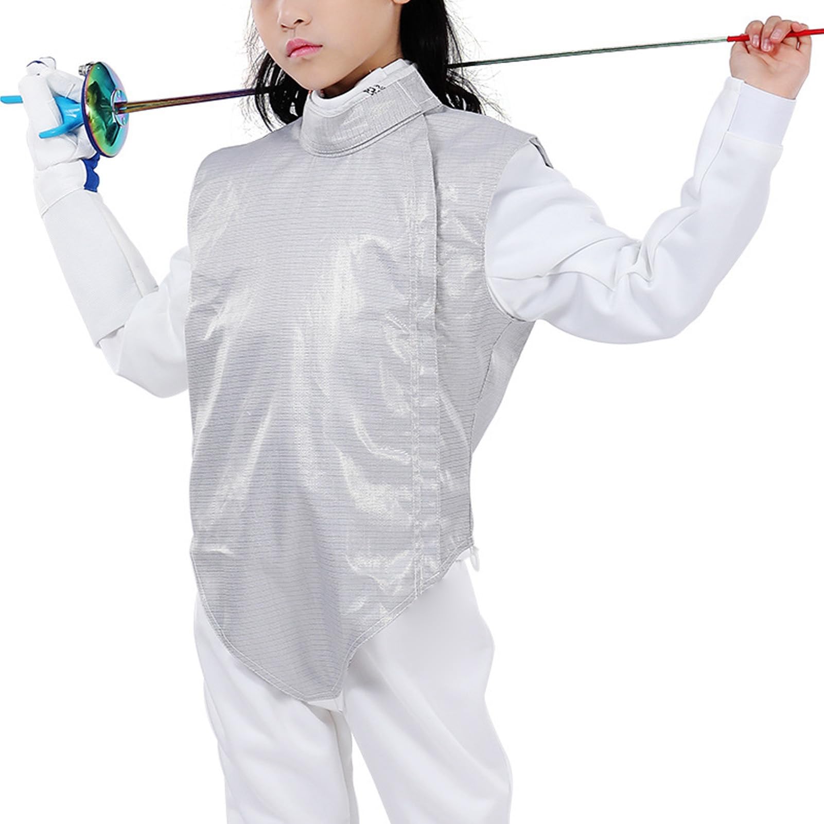 Alomejor Fencing Lame Metallweste mit Verstellbarem Kragen, Langlebige Elektrofechtjacke für Florett-Degensäbel, Trainings-Wettkampfanzug mit Sicheren Verschlüssen, Bequeme Passform