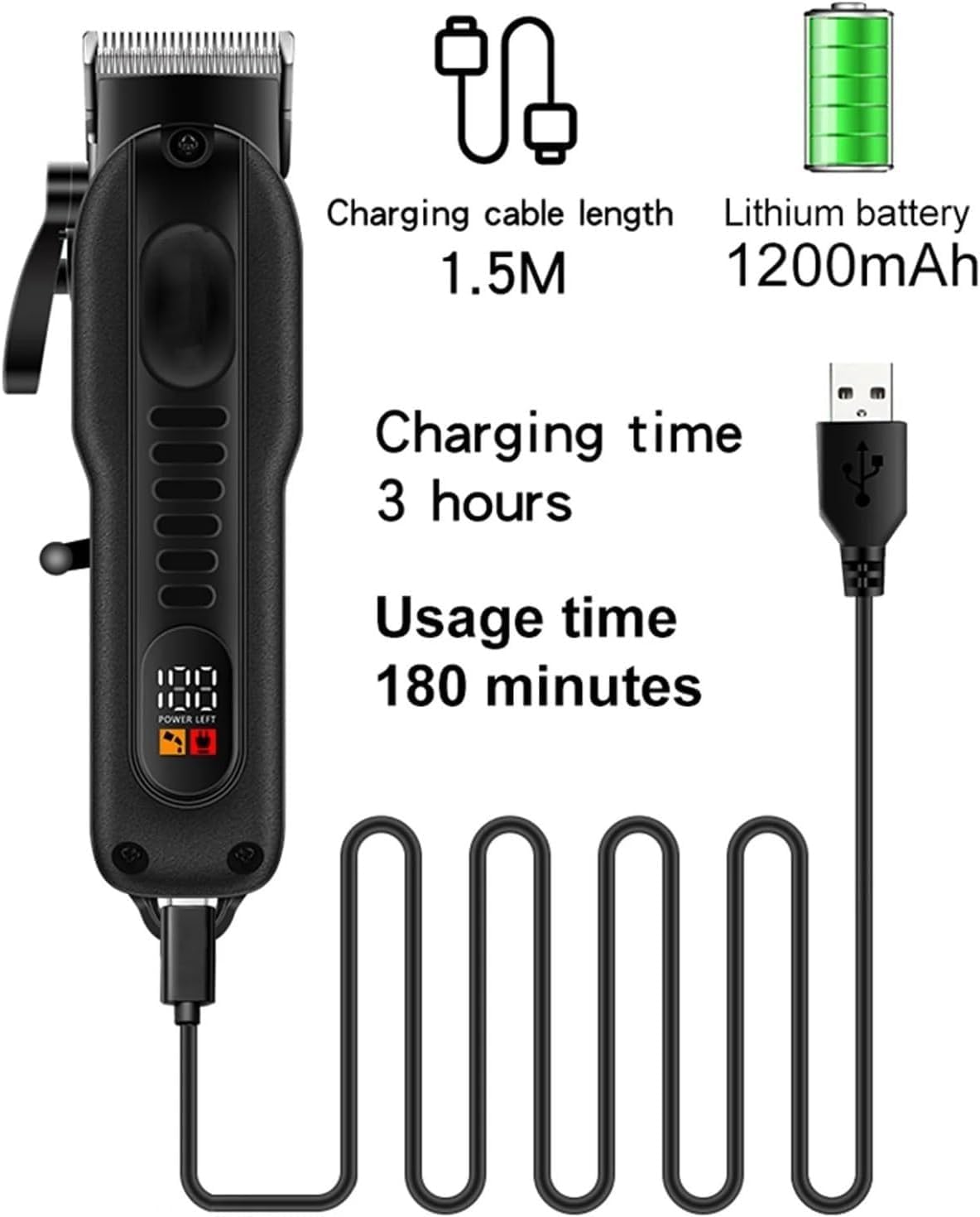 Hair Clipper, Hair Clippers 1200mah Powerful Battery Electric Hair Trimmer Professional Barber Hair Cutting Machine Cordless Clippers