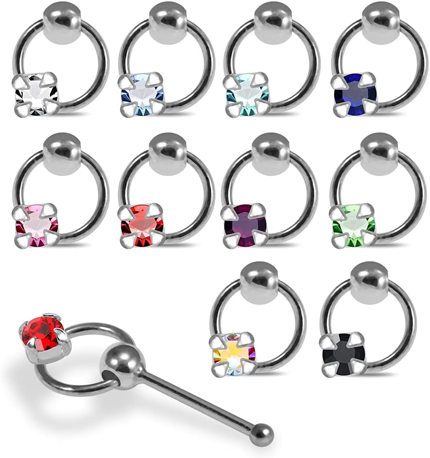 20 Pieces Box Set Claw Set Crystal Stone on Moving Ring Design 22 Gauge 925 Sterling Silver Nose Pin - Nose Stud - Tiny Nose Ring - Nose Piercing Body Jewelry