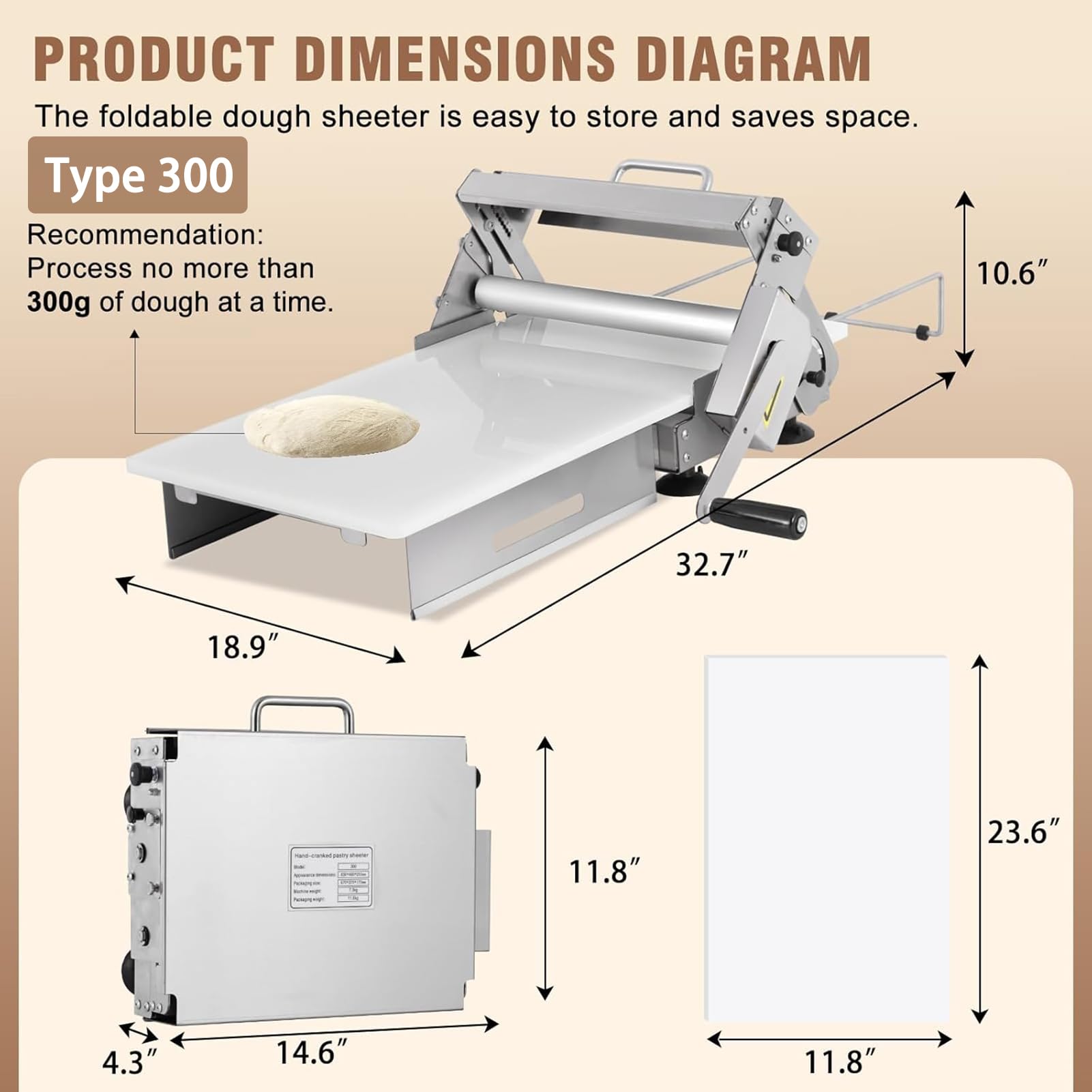 Laminadora Masa Manual Plegable | Pizza Y Croissants | Rodillo Repostería Acero Inoxidable | Grosor Ajustable 0,5 a 17,5 Mm/0,5 a 27 Mm | Ideal para Fondant y Pastelería